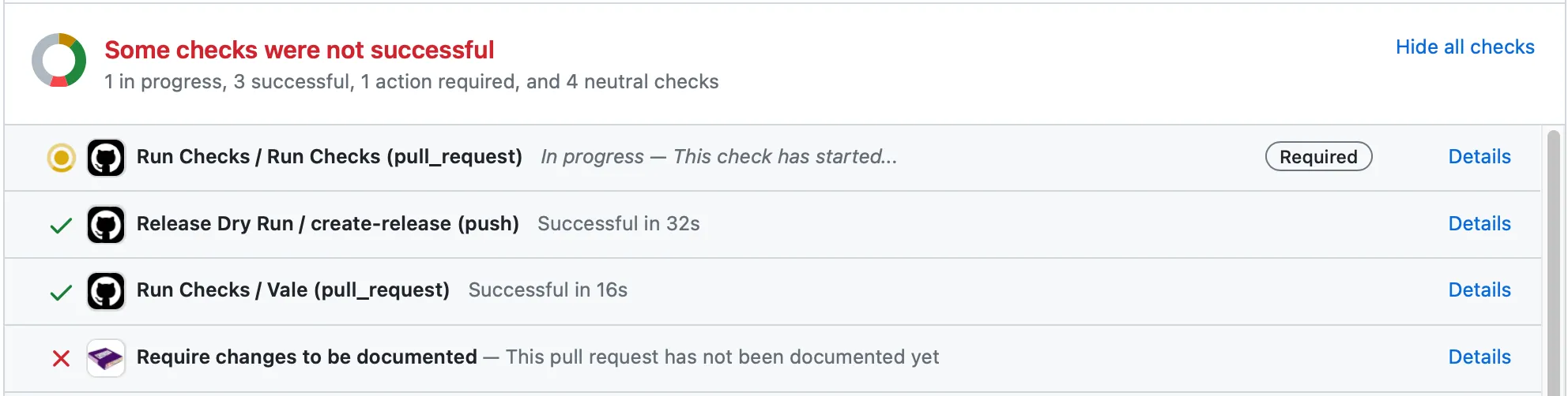 Screenshot of a GitHub pull request with a failing status check entitled “Require changes to be documented”